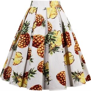 Vintage A-line Printed Pineapple Pleated Flared Midi Skirts